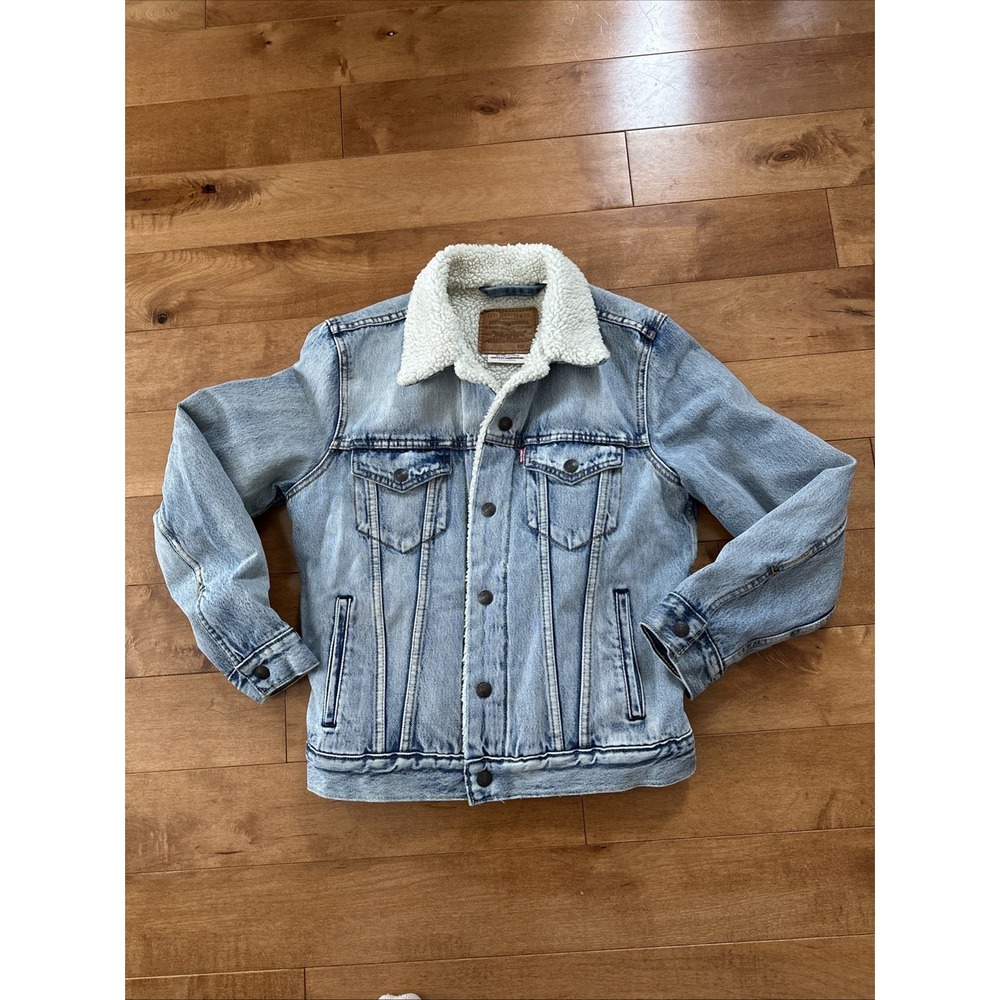 Levi's Sherpa Trucker Jacket Mens XS Blue Denim Faux Shearling Lined Western EUC
